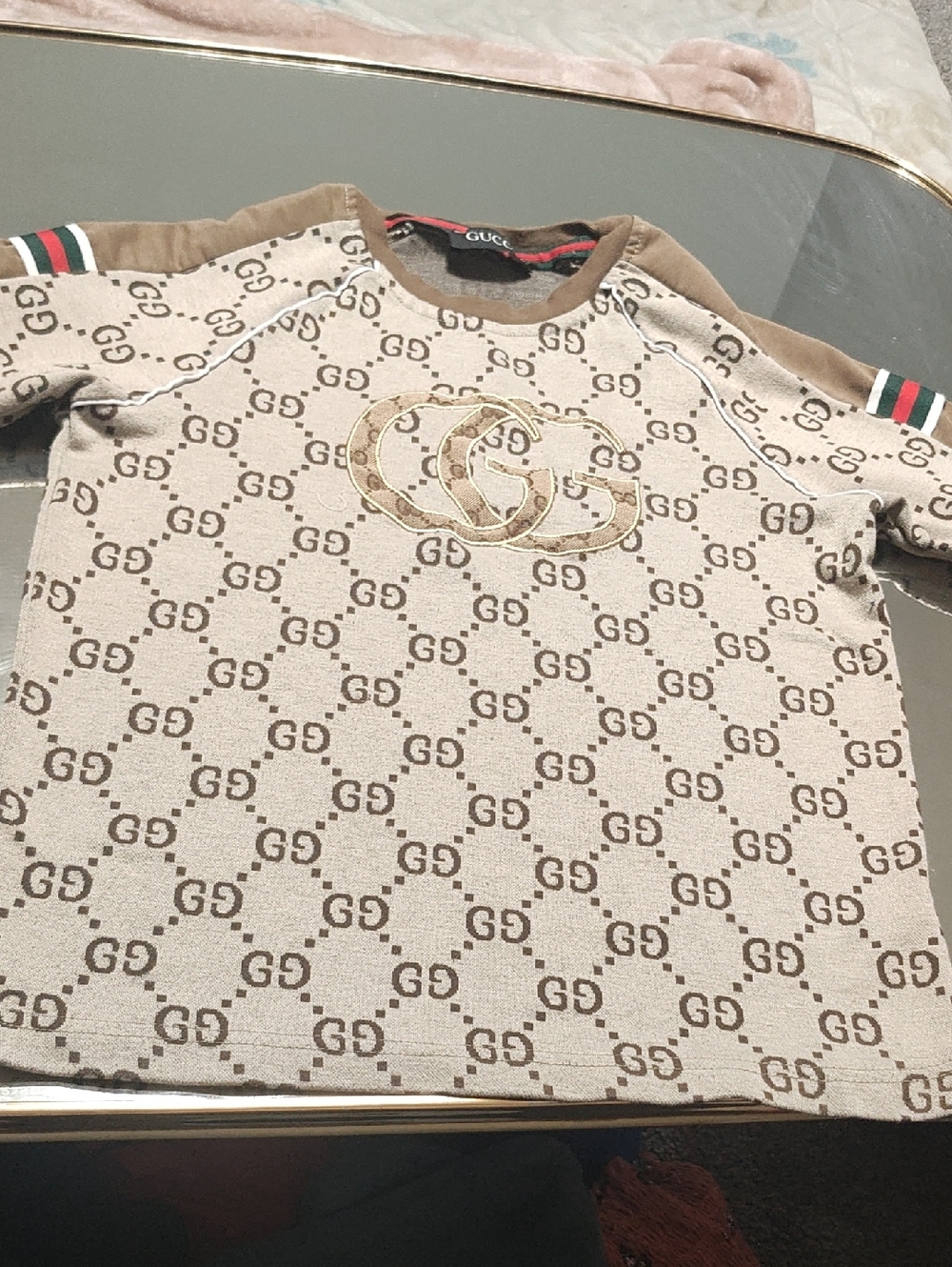 Gucci Beige & Brown GG Monogram Kids Short Sleeve Tee with Web Trim